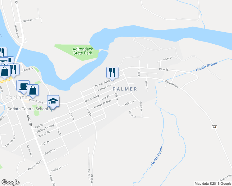 map of restaurants, bars, coffee shops, grocery stores, and more near Oak Street & 5th Street in Corinth