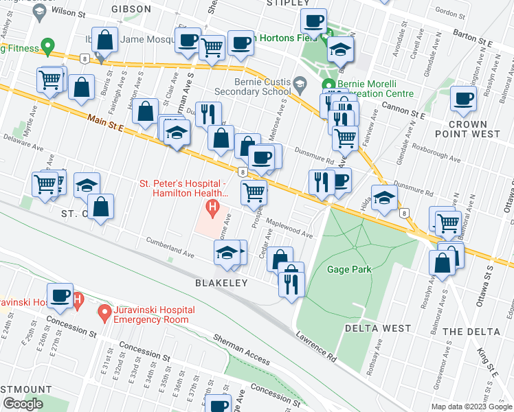 map of restaurants, bars, coffee shops, grocery stores, and more near 176 Prospect Street South in Hamilton