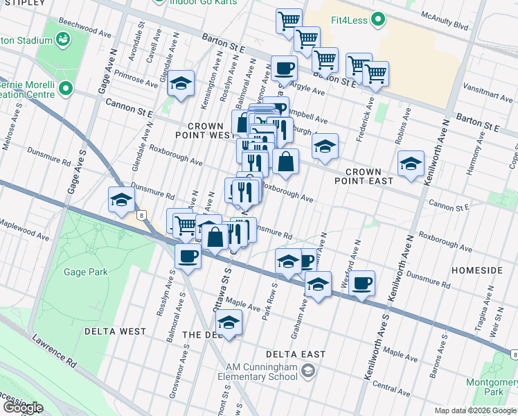 map of restaurants, bars, coffee shops, grocery stores, and more near 83 London Street North in Hamilton