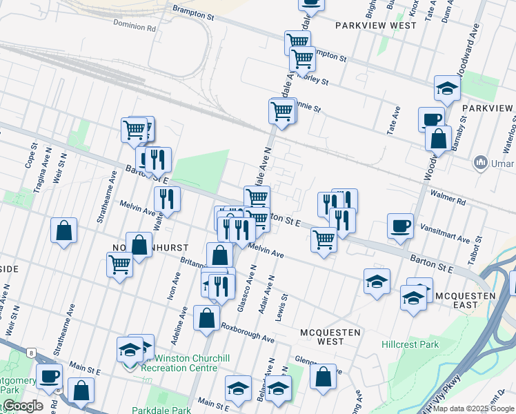 map of restaurants, bars, coffee shops, grocery stores, and more near 300 Parkdale Avenue North in Hamilton