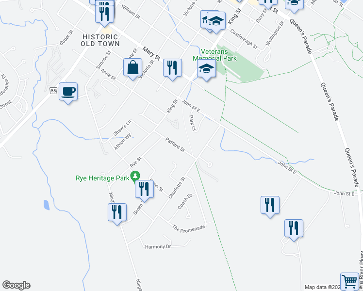 map of restaurants, bars, coffee shops, grocery stores, and more near 59 Paffard Street in Niagara-on-the-Lake
