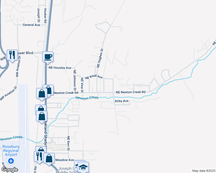 map of restaurants, bars, coffee shops, grocery stores, and more near 3049 Northeast Follett Street in Roseburg