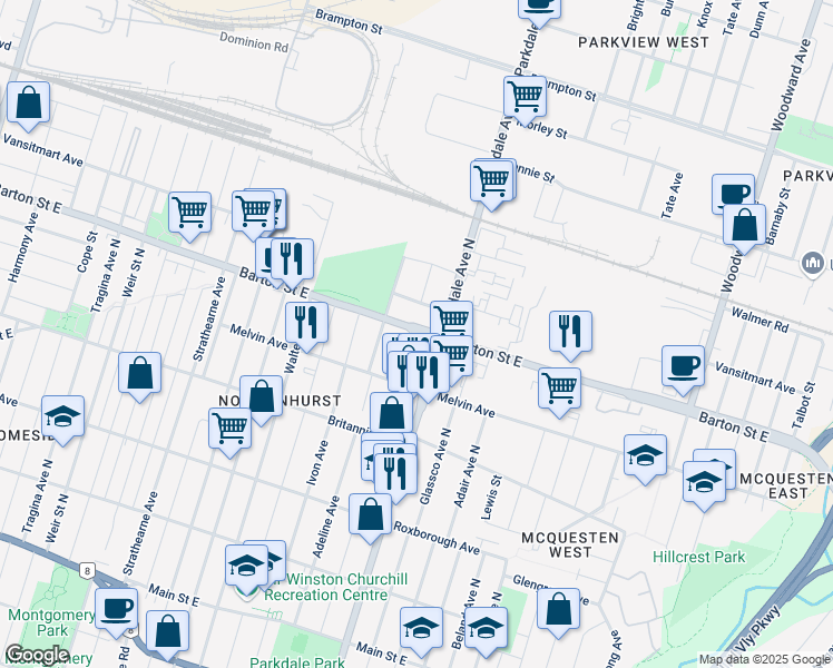 map of restaurants, bars, coffee shops, grocery stores, and more near 300 Glennie Avenue in Hamilton