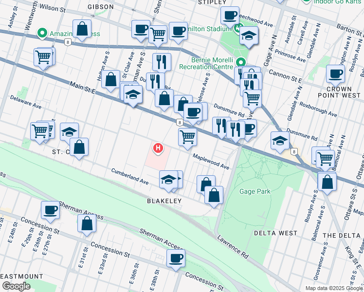 map of restaurants, bars, coffee shops, grocery stores, and more near 41 Albert Street in Hamilton