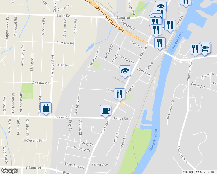 map of restaurants, bars, coffee shops, grocery stores, and more near 76 Hewitt Street in Rochester