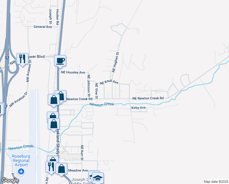 map of restaurants, bars, coffee shops, grocery stores, and more near 3047 NE Hughes St in Roseburg