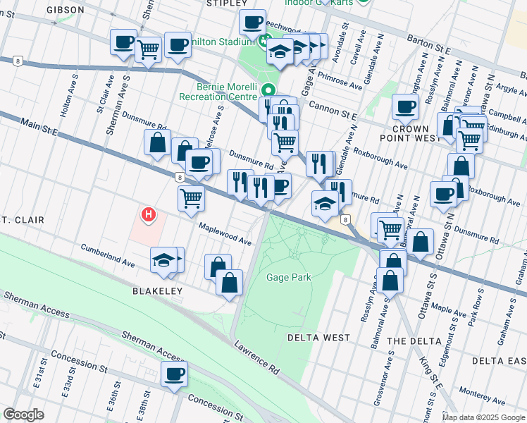 map of restaurants, bars, coffee shops, grocery stores, and more near in Hamilton