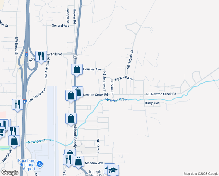 map of restaurants, bars, coffee shops, grocery stores, and more near 3042 Northeast Vine Street in Roseburg