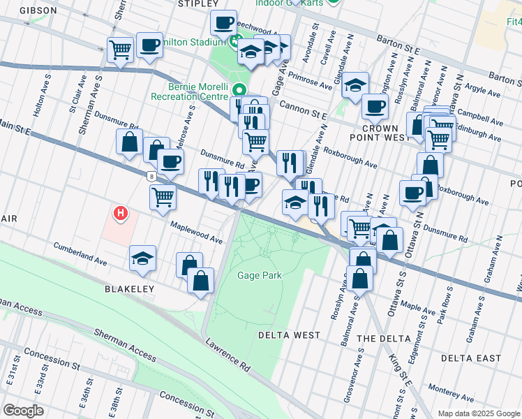 map of restaurants, bars, coffee shops, grocery stores, and more near 991 Main Street East in Hamilton