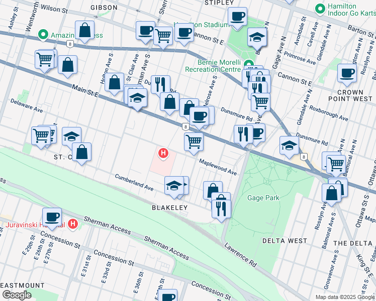 map of restaurants, bars, coffee shops, grocery stores, and more near 176 Prospect Street South in Hamilton