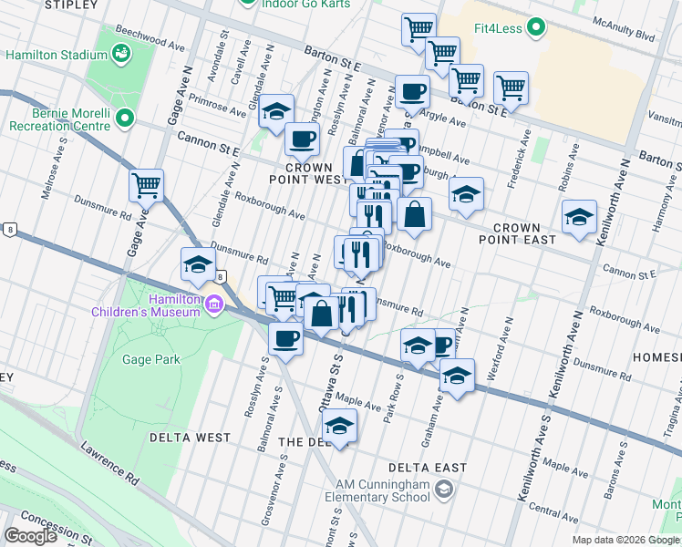 map of restaurants, bars, coffee shops, grocery stores, and more near 106 Grosvenor Avenue North in Hamilton