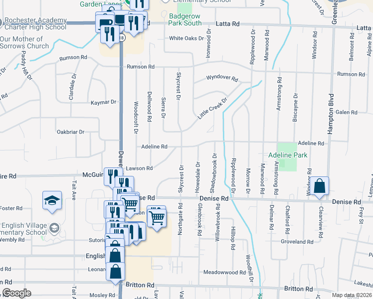 map of restaurants, bars, coffee shops, grocery stores, and more near 48 Skycrest Drive in Rochester