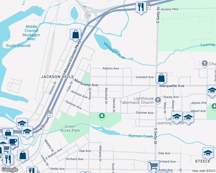 map of restaurants, bars, coffee shops, grocery stores, and more near 539 Marquette Avenue in Muskegon