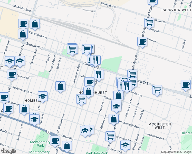 map of restaurants, bars, coffee shops, grocery stores, and more near 261 Walter Avenue North in Hamilton