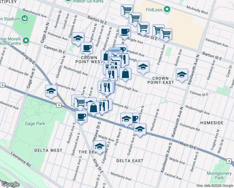 map of restaurants, bars, coffee shops, grocery stores, and more near 90 London Street North in Hamilton
