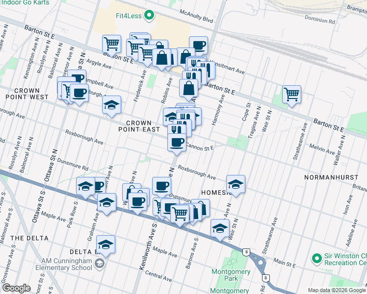 map of restaurants, bars, coffee shops, grocery stores, and more near 158 Kenilworth Avenue North in Hamilton