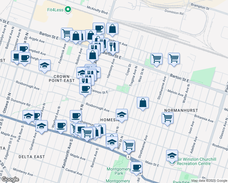 map of restaurants, bars, coffee shops, grocery stores, and more near 175 Barons Avenue North in Hamilton
