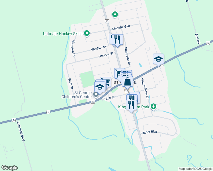 map of restaurants, bars, coffee shops, grocery stores, and more near 7 Snowball Street in ST GEORGE BRANT