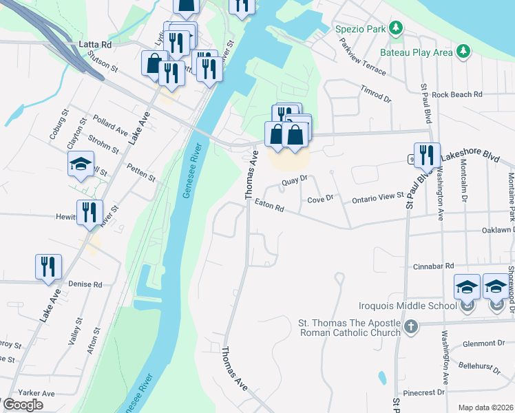 map of restaurants, bars, coffee shops, grocery stores, and more near 101 Eaton Road in Rochester