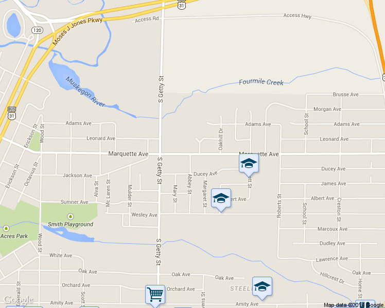 map of restaurants, bars, coffee shops, grocery stores, and more near 885 Marquette Avenue in Muskegon