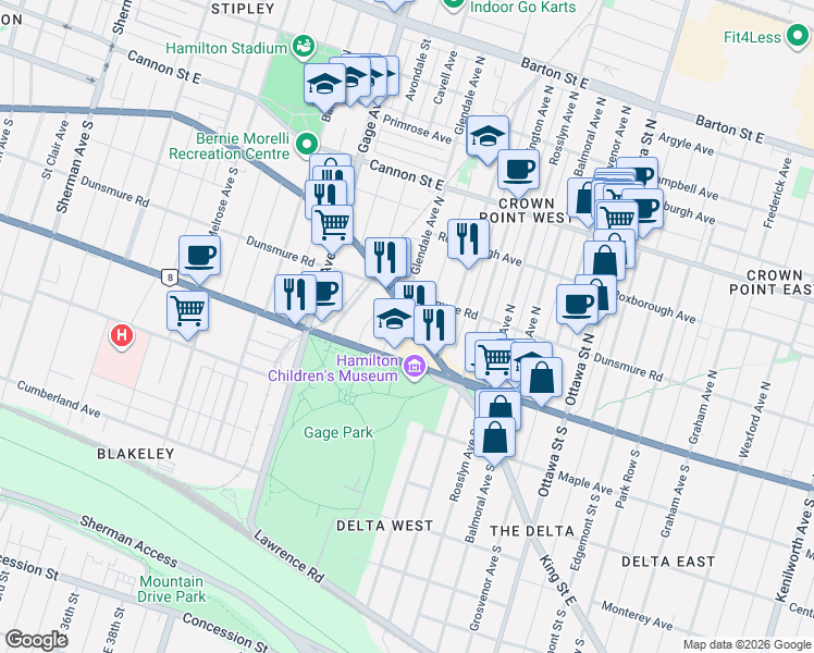 map of restaurants, bars, coffee shops, grocery stores, and more near 1258 King Street East in Hamilton