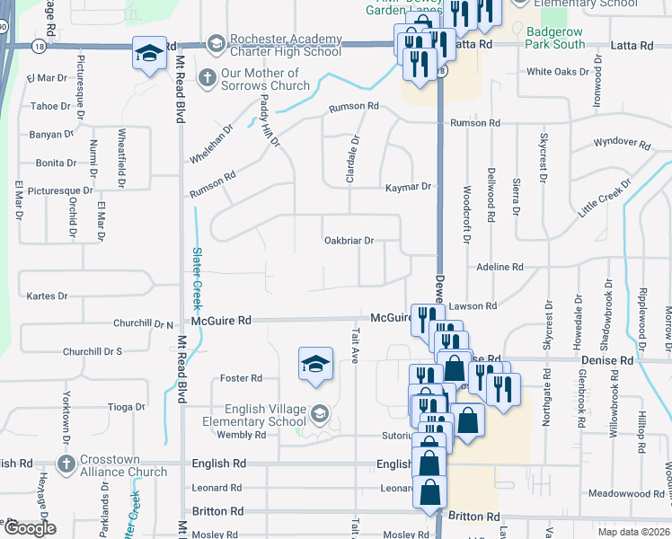 map of restaurants, bars, coffee shops, grocery stores, and more near 32 Glenbriar Circle in Rochester