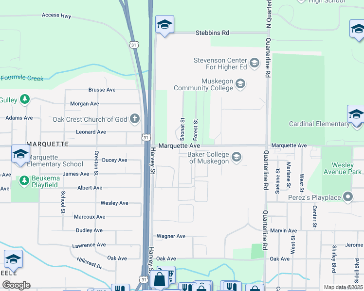 map of restaurants, bars, coffee shops, grocery stores, and more near 1677 Marquette Avenue in Muskegon