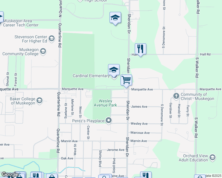 map of restaurants, bars, coffee shops, grocery stores, and more near 2310 Marquette Avenue in Muskegon