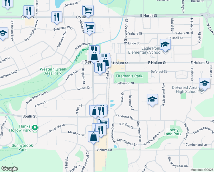 map of restaurants, bars, coffee shops, grocery stores, and more near 308 Market Street in DeForest