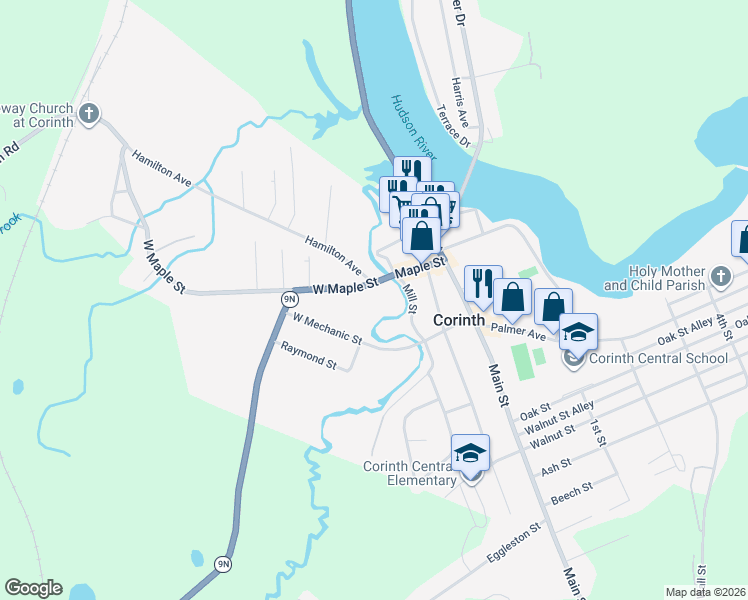 map of restaurants, bars, coffee shops, grocery stores, and more near 213 Maple Street in Corinth