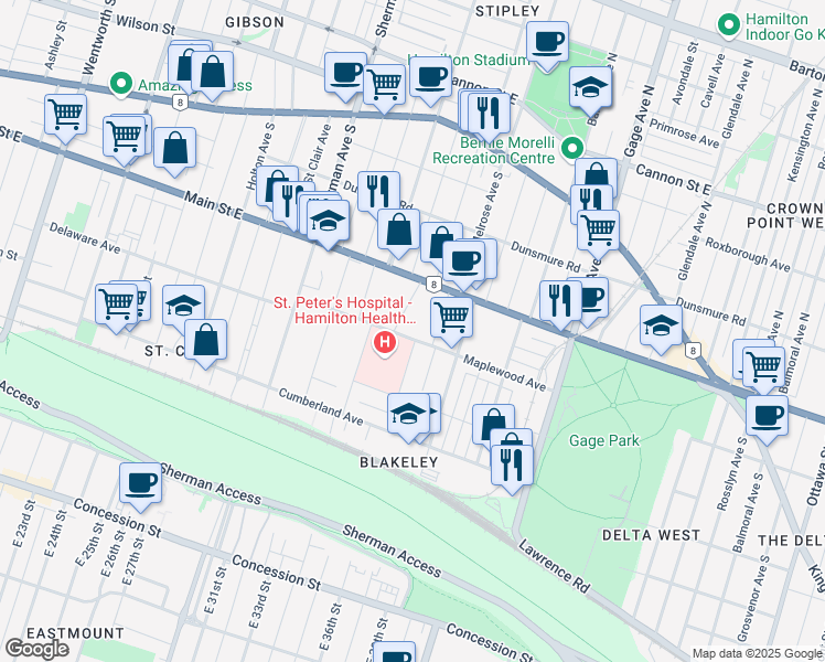 map of restaurants, bars, coffee shops, grocery stores, and more near 109 Maplewood Avenue in Hamilton