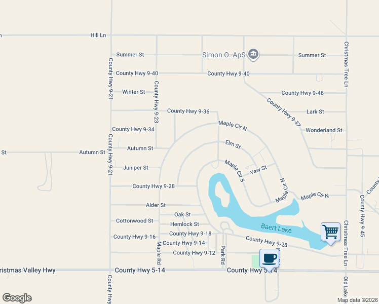 map of restaurants, bars, coffee shops, grocery stores, and more near Elm Street in Christmas Valley