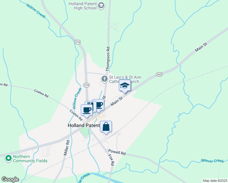 map of restaurants, bars, coffee shops, grocery stores, and more near 9601 Main Street in Holland Patent