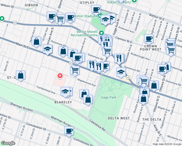 map of restaurants, bars, coffee shops, grocery stores, and more near 117 Balsam Avenue South in Hamilton