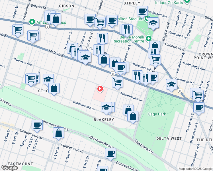 map of restaurants, bars, coffee shops, grocery stores, and more near 105 Maplewood Avenue in Hamilton