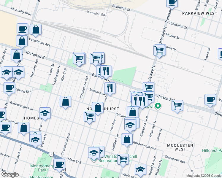 map of restaurants, bars, coffee shops, grocery stores, and more near 274 Walter Avenue North in Hamilton