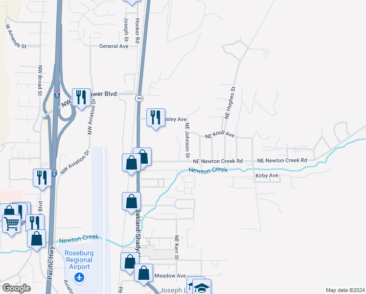 map of restaurants, bars, coffee shops, grocery stores, and more near 132 Northeast Sawyers Lane in Roseburg