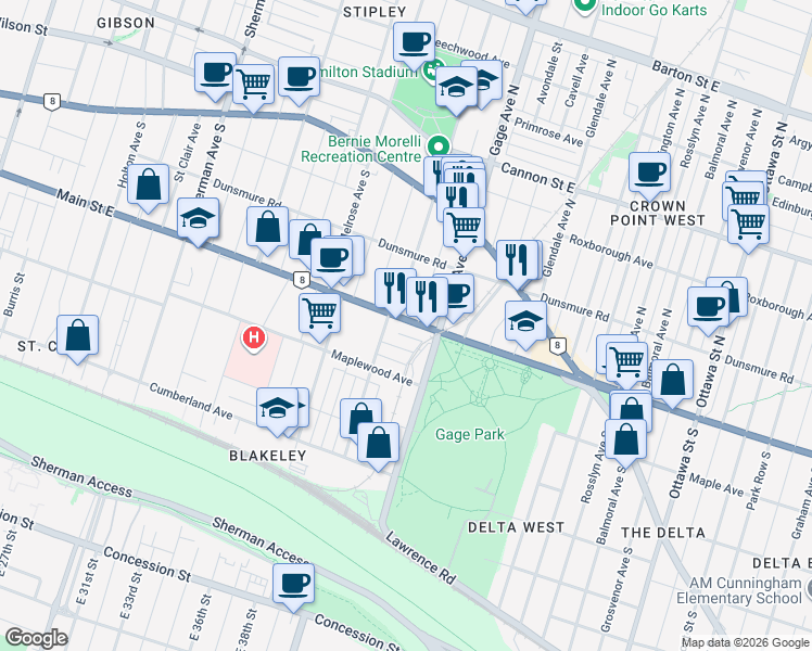map of restaurants, bars, coffee shops, grocery stores, and more near 948 Main Street East in Hamilton