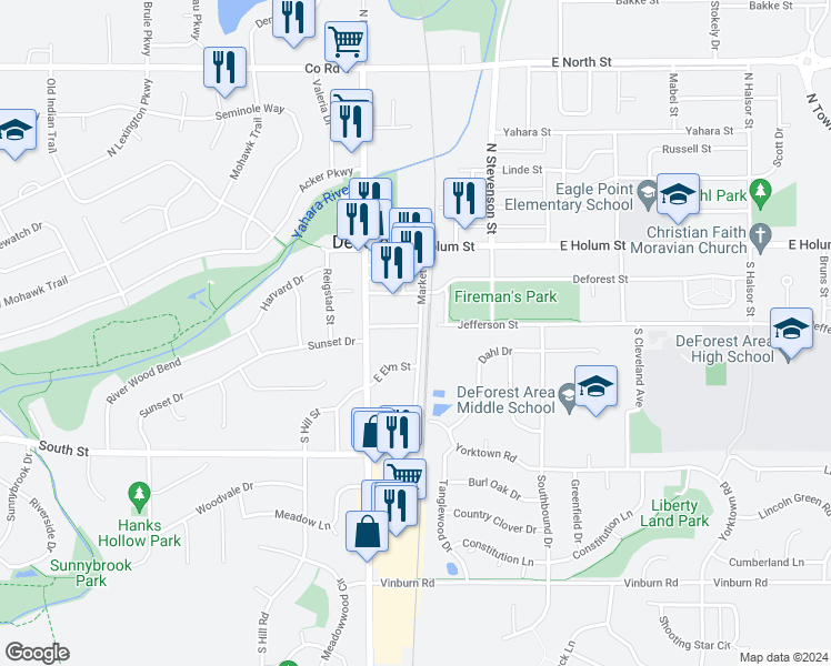 map of restaurants, bars, coffee shops, grocery stores, and more near 308 Market Street in DeForest