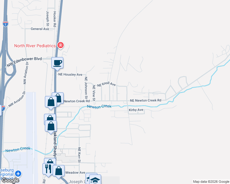 map of restaurants, bars, coffee shops, grocery stores, and more near 3058 Northeast Follett Street in Roseburg