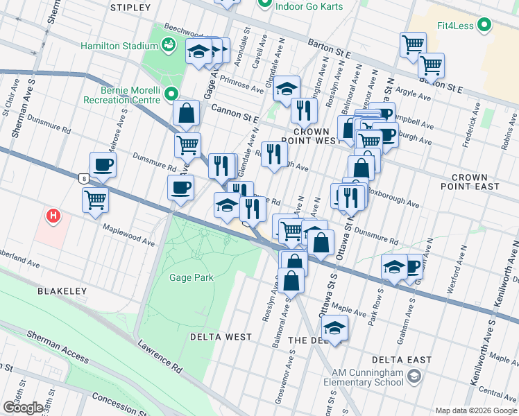 map of restaurants, bars, coffee shops, grocery stores, and more near 33 Belmont Avenue in Hamilton