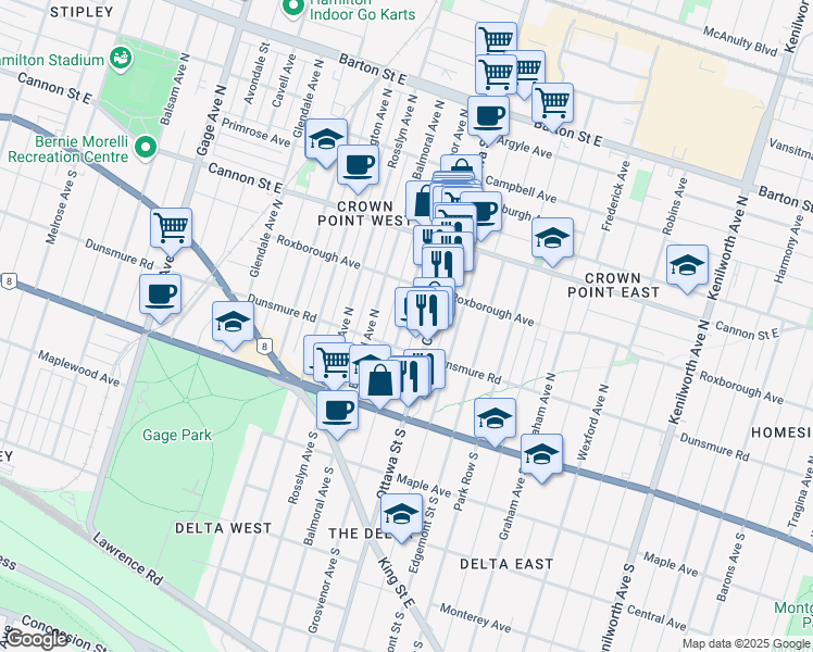 map of restaurants, bars, coffee shops, grocery stores, and more near 114 Grosvenor Avenue North in Hamilton