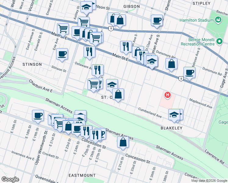 map of restaurants, bars, coffee shops, grocery stores, and more near 45 Fairleigh Crescent in Hamilton