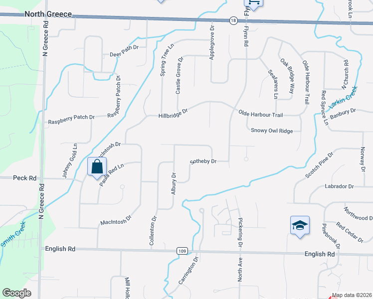 map of restaurants, bars, coffee shops, grocery stores, and more near 101 Leamington Circle in Rochester