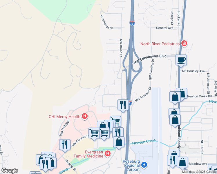 map of restaurants, bars, coffee shops, grocery stores, and more near 593 Northwest Sweetbrier Avenue in Roseburg