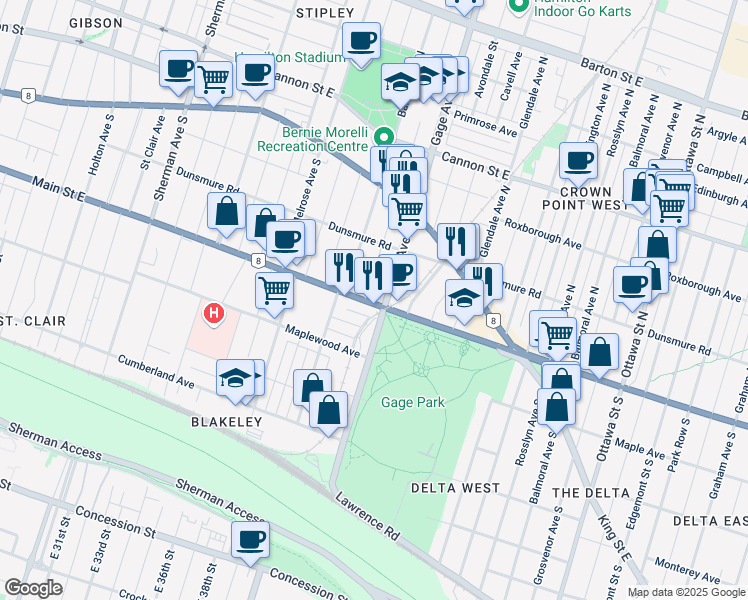 map of restaurants, bars, coffee shops, grocery stores, and more near 957 Main Street East in Hamilton