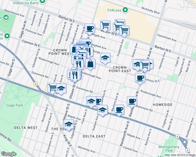 map of restaurants, bars, coffee shops, grocery stores, and more near 232 Roxborough Avenue in Hamilton