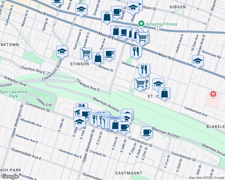 map of restaurants, bars, coffee shops, grocery stores, and more near 203 Wentworth Street South in Hamilton