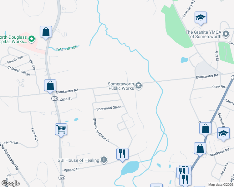map of restaurants, bars, coffee shops, grocery stores, and more near 200 Sherwood Glenn Drive in Somersworth