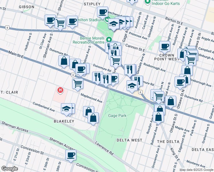 map of restaurants, bars, coffee shops, grocery stores, and more near in Hamilton
